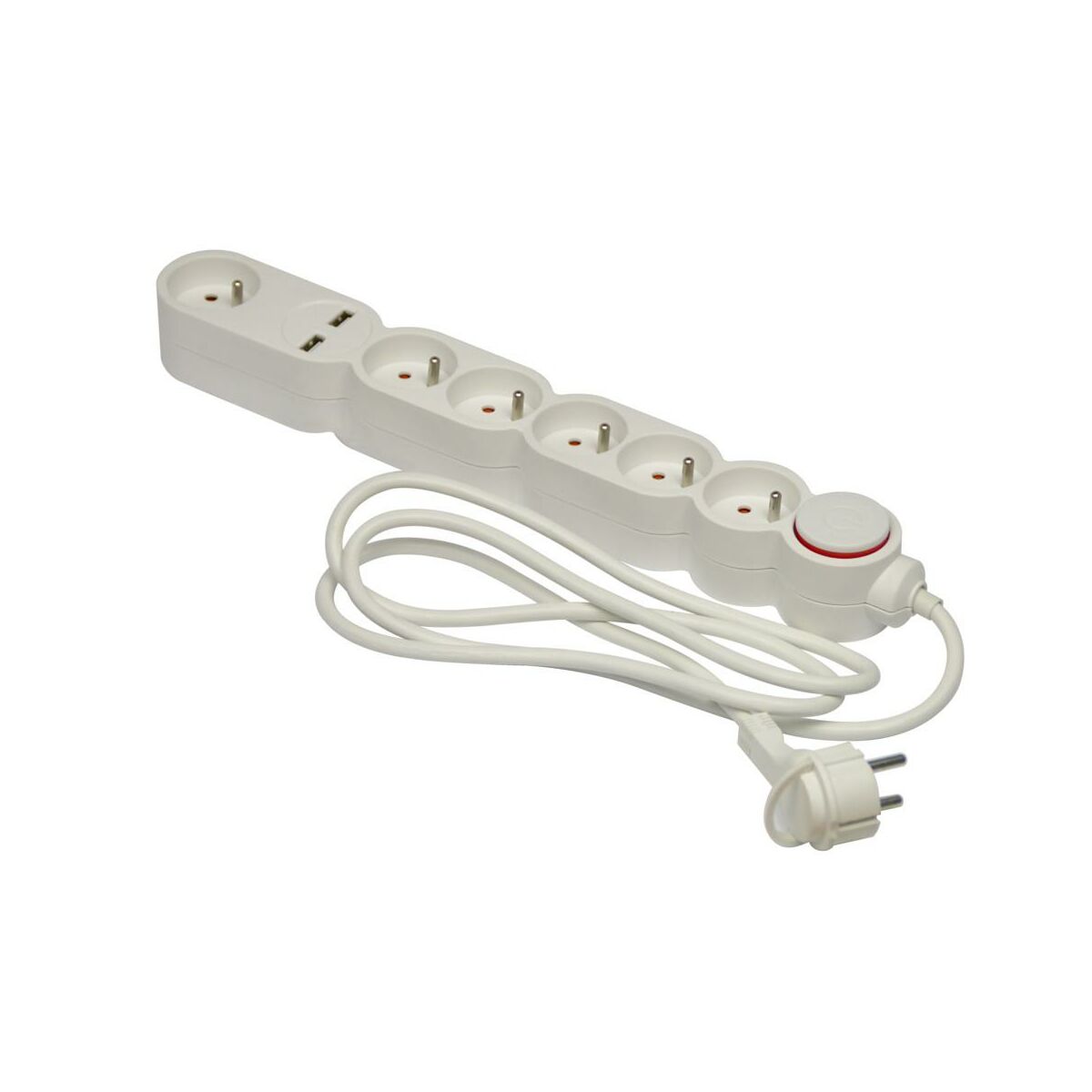 Przedłużacz z 6 gniazdami z uziemieniem i z wyłącznikiem 2xUSB biały