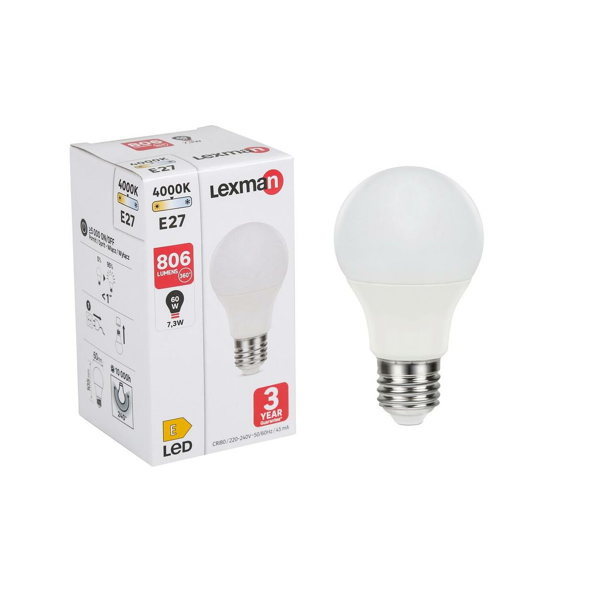 Żarówka LED E27 7.3 W = 60 W 806 lm Neutralna biel Lexman