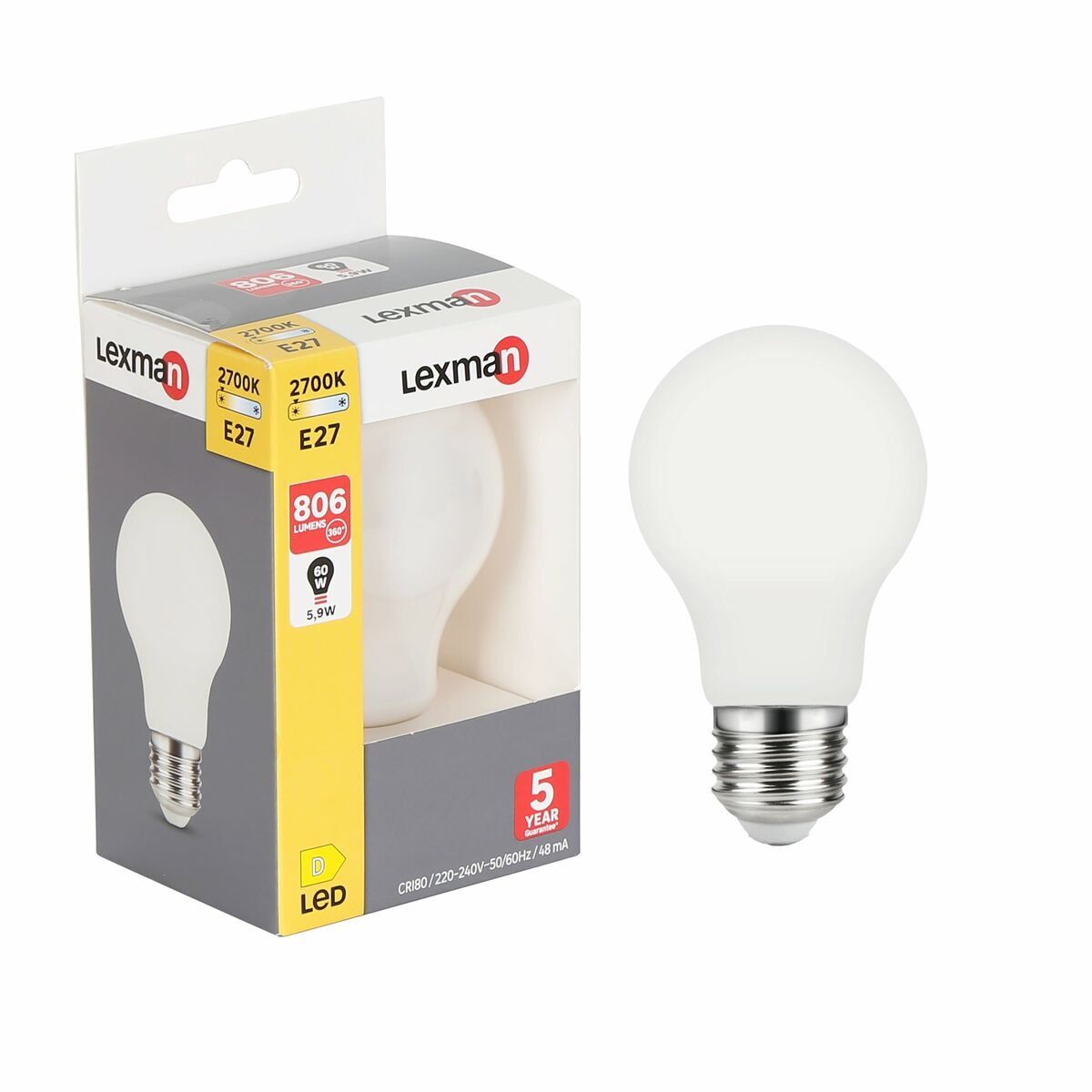 Żarówka LED E27 5.9 W = 60 W 806 lm Ciepła biel Lexman