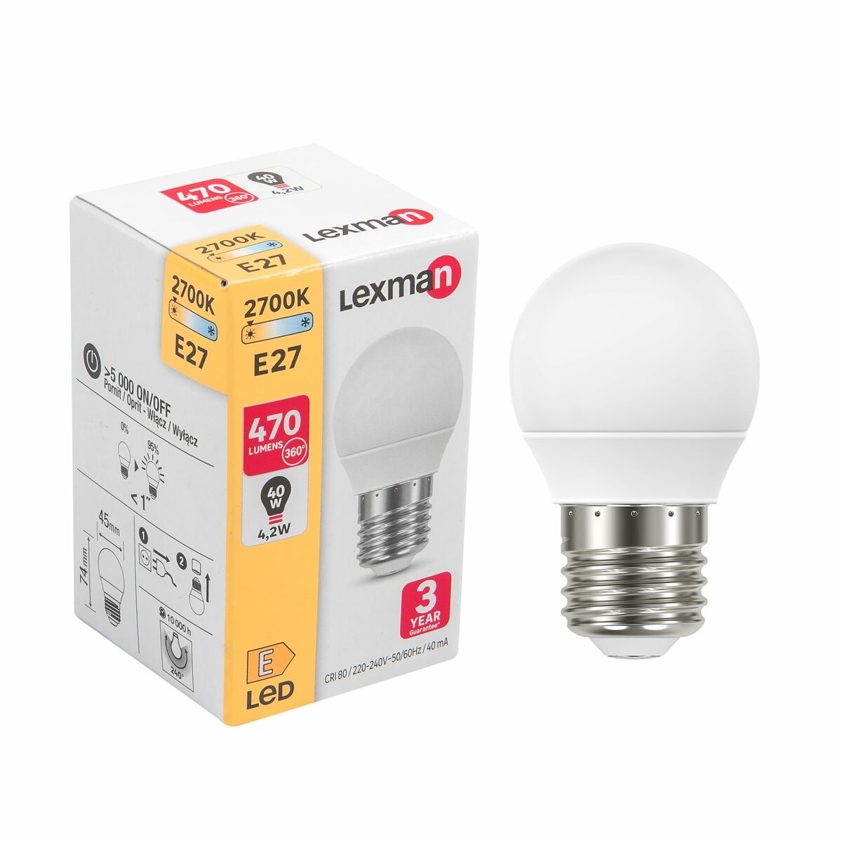 Żarówka LED E27 4.2 W = 40 W 470 lm Ciepła biel Lexman