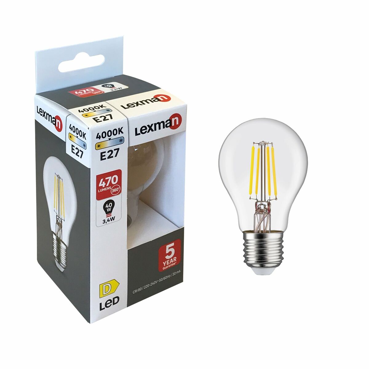 Żarówka LED E27 3.4 W = 40 W 470 lm neutralna biel Lexman