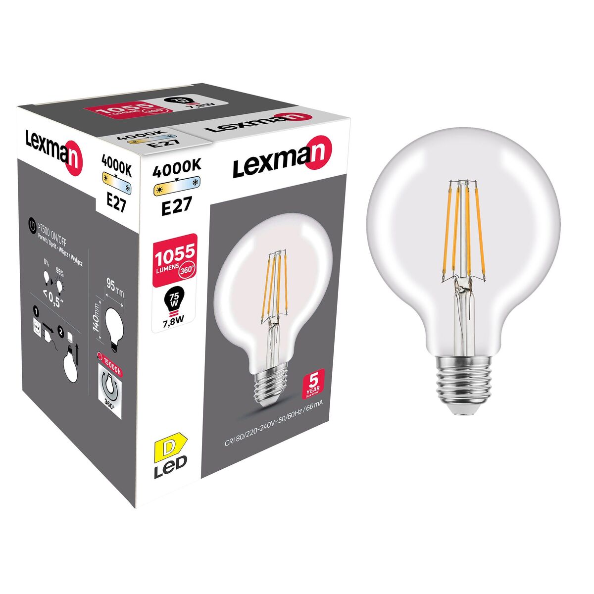 Żarówka LED E27 7,8 W = 75 W 1055 lm Neutralna biel Lexman