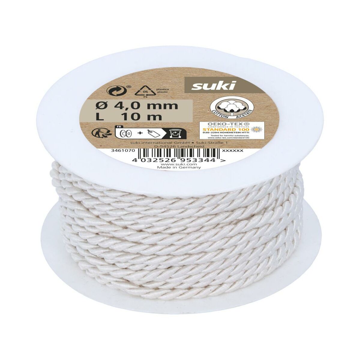 Sznurek 4 mm x 10 m pleciony biały Suki