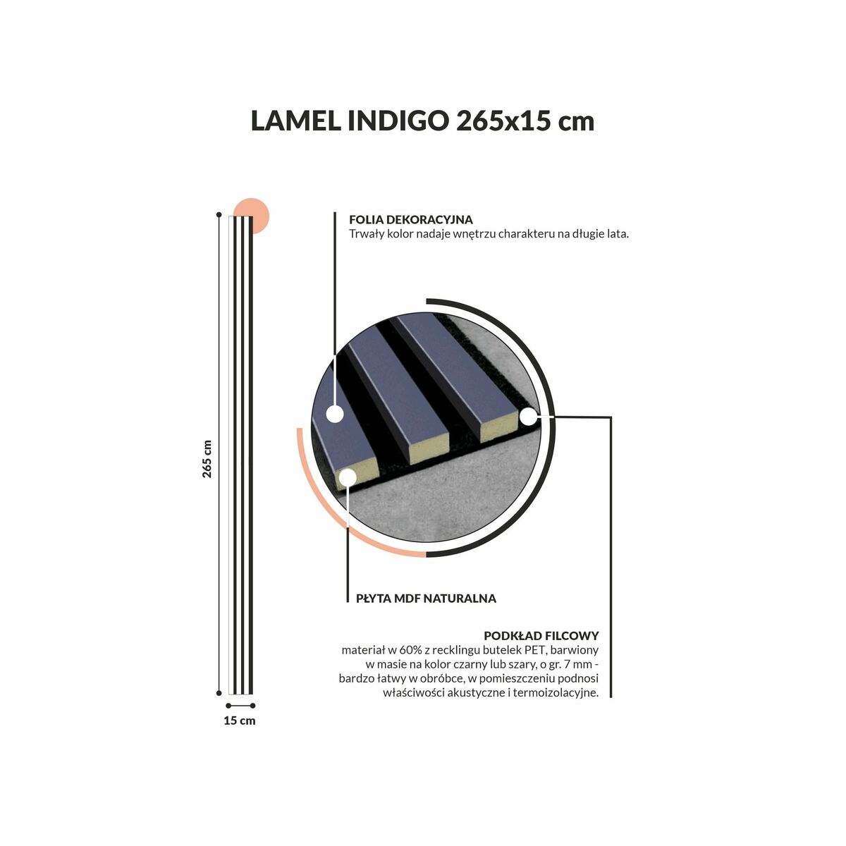 Panel ścienny 3D lamel na filcu akustyczny 265x15 cm Indigo Fllow